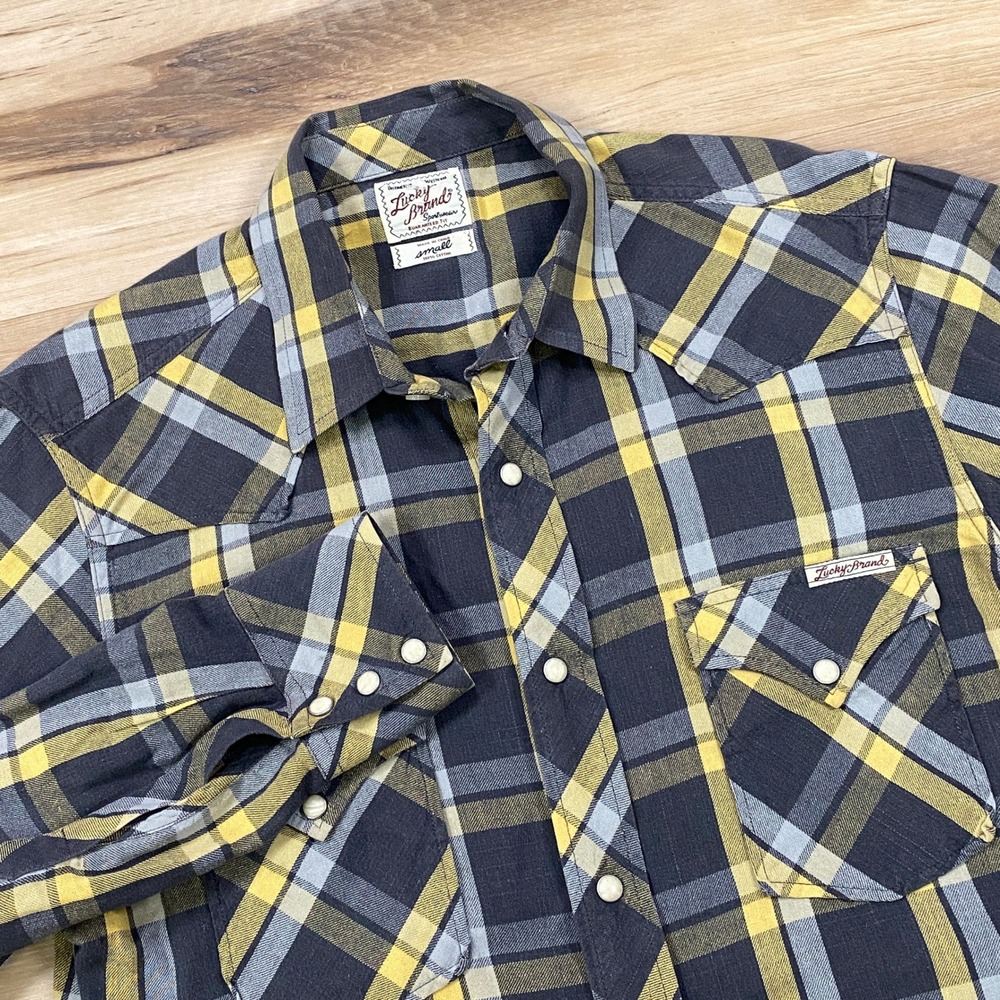 Lucky Brand Western Shirt Men Small Plaid Cotton Pearl Snap Navy Yellow Heritage